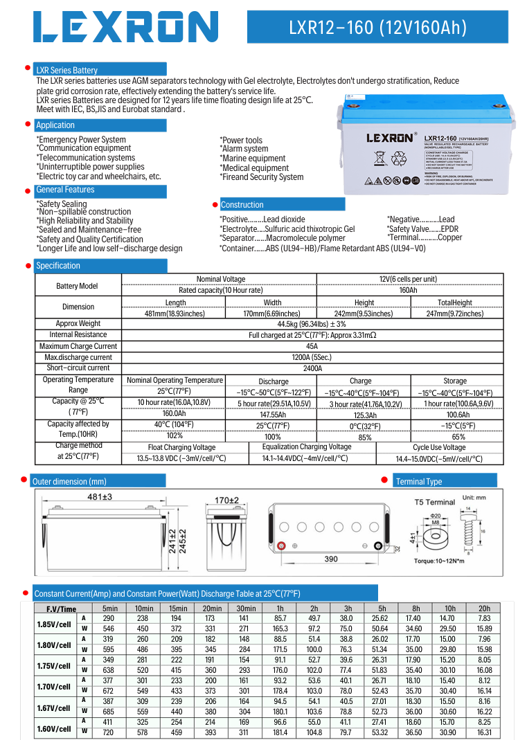 Lexron 160AH 12V Jel Akü - Görsel 2