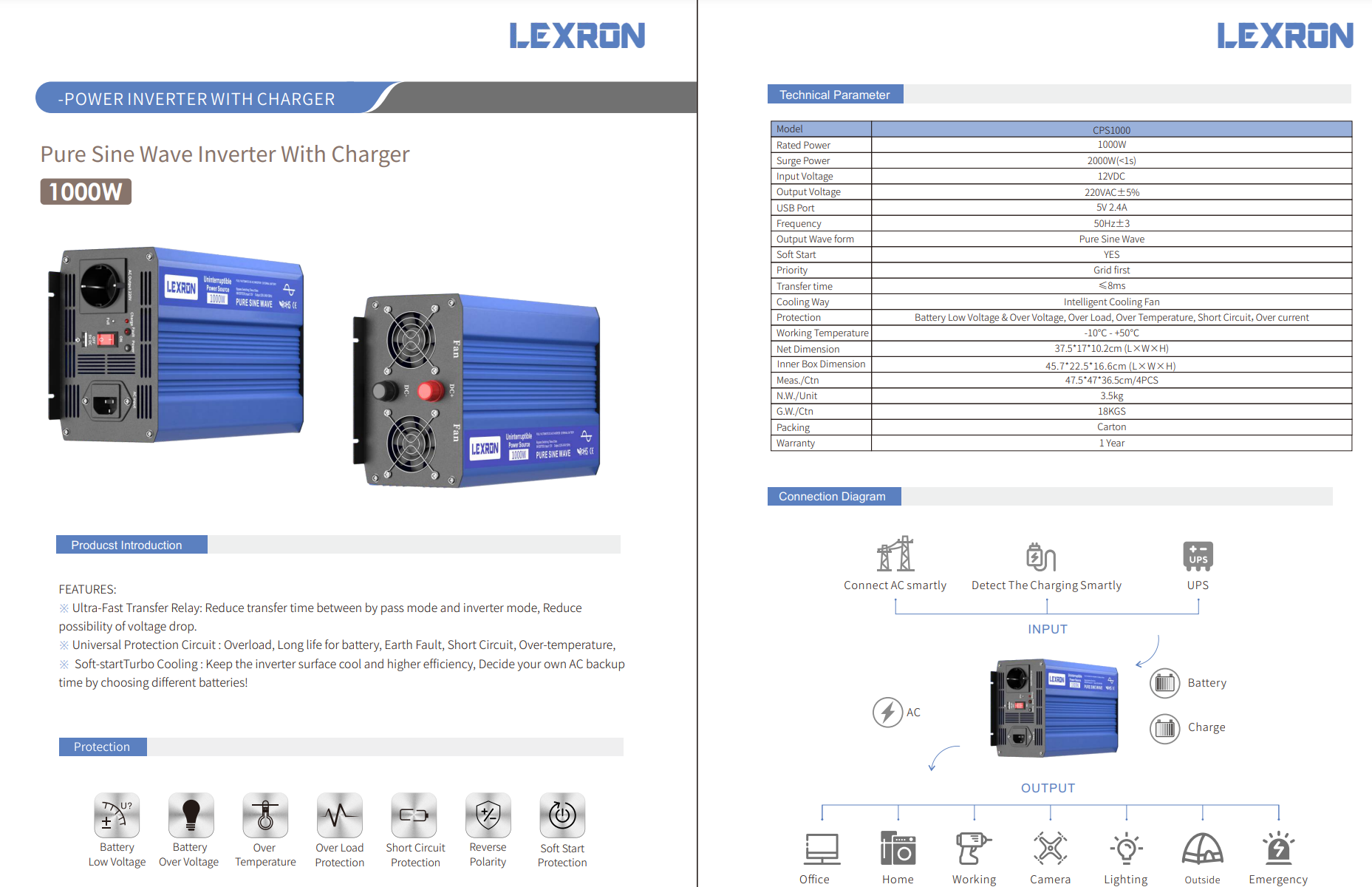 LEXRON 1000W 12V ŞARJLI TAM SİNÜS İNVERTER (UPS) - Görsel 2